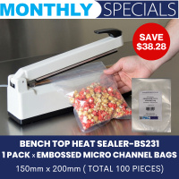 Bench Top Heat Sealer BS231 + 1 x Pack of  Embossed Micro Channel Bags 150 x 200 ( 100 bags )