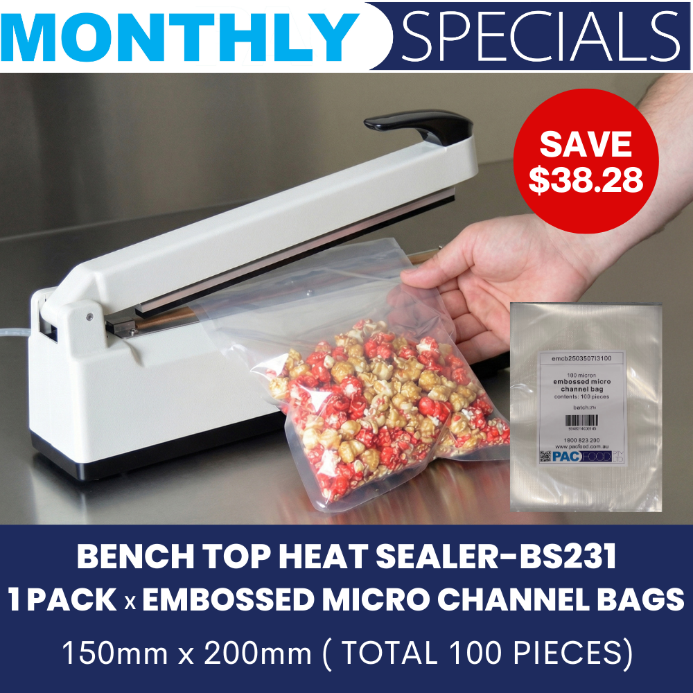 Bench Top Heat Sealer BS231 + 1 x Pack of Embossed Micro Channel Bags 150 x 200 ( 100 bags )