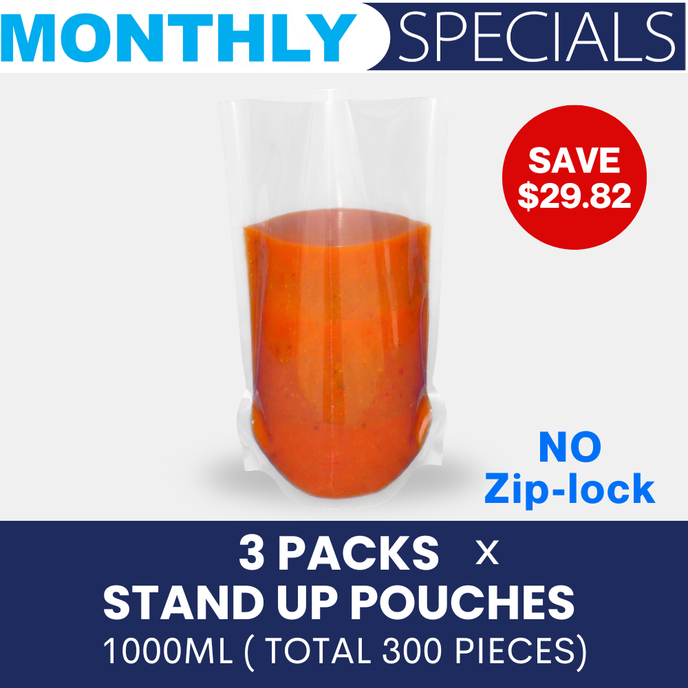 3 Packs x Stand Up Pouches (NO Zip-lock) 1000ml (Total 300 Pieces) 1 3 Packs x Stand Up Pouches (NO Zip-lock) 1000ml (Total 300 Pieces)