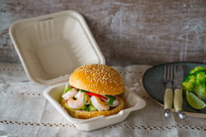 prawn and salad burger in clamshell