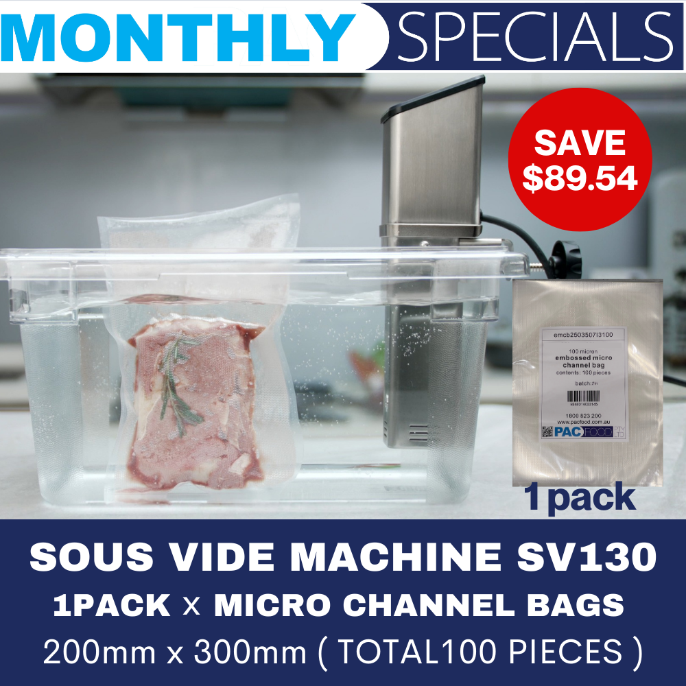 Sous Vide Machine SV130 + 1 x Pack of Micro Channel Bags 200mmx300mm (100 Pieces) 1 Sous Vide Machine SV130 + 1 x Pack of Micro Channel Bags 200mmx300mm (100 Pieces)