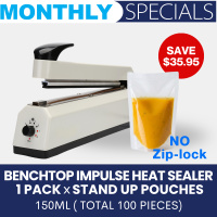 Benchtop Impulse Heat Sealer  + 1 Pack of Stand Up Pouches (NO Zip-lock) 150ml (100 Pieces)